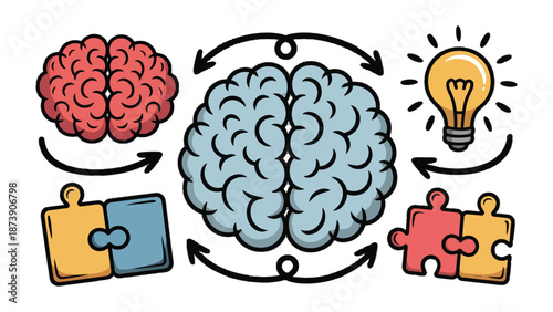 Brainstorming and Innovation: Conceptual image shows the complex interplay of mind, ideas, and solutions through the fusion of brain imagery, a lightbulb representing ideas.