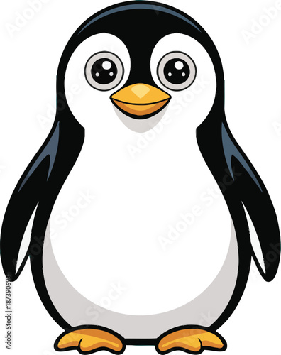 Cute Cartoon Penguin Character with Large Expressive Eyes Isolated on White Background
