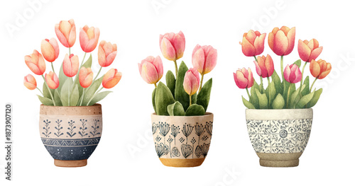 Watercolor tulip bouquet in flowerpot. Spring flowers in vintage vase with botanical floral pattern. Isolated vector illustration for wedding design and decorative print projects. Vector illustration.