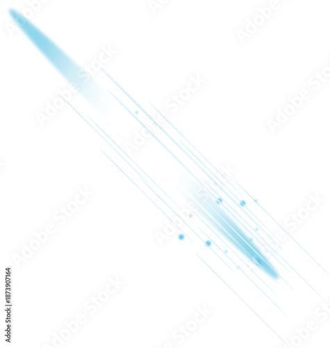  Abstract vector illustration of blue glowing light trails and dynamic motion streaks with particles on a white background. 
