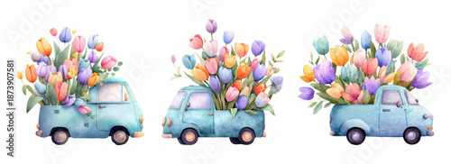 Watercolor tulip set with vintage delivery van and spring bouquets, floral truck illustration, isolated vector design for botanical wedding cards and seasonal prints. Vector illustration.