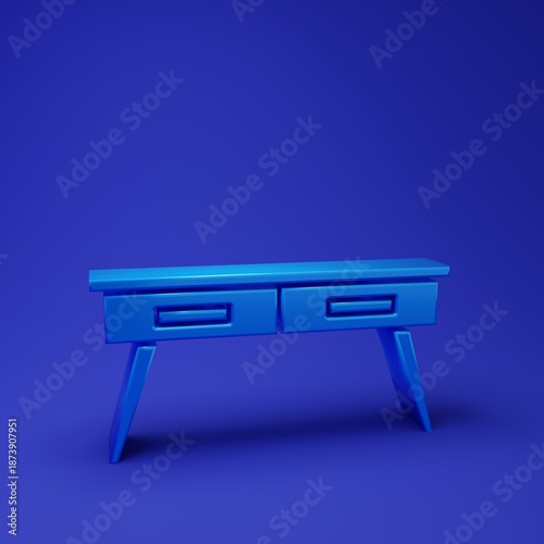 Blue Office desk icon isolated on blue background. Minimalism concept. 3D render illustration