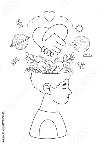 Mental Health. Self Care and Harmony. Outline Boy with Heart Handshake, Planets and Flowers. Coloring Page with Emotional Balance. Character Wellness and Positive Mindset. Vector Illustration Not AI