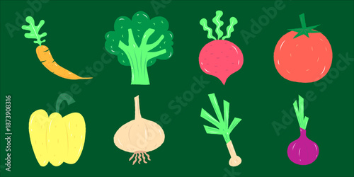 Colorful Hand-Drawn Vegetables Collection on Green Background