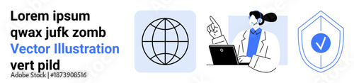 Global connectivity, online learning, cybersecurity, technology innovation, digital services, information security. A globe, shield with a checkmark woman using a laptop pointing upward. Global