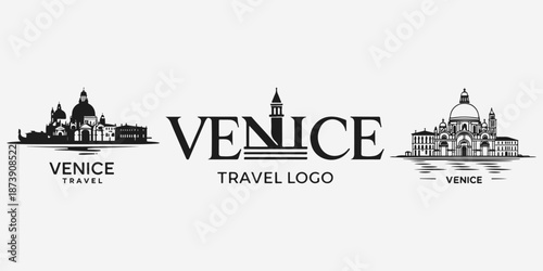 Venice travel logo sketch illustration vector set