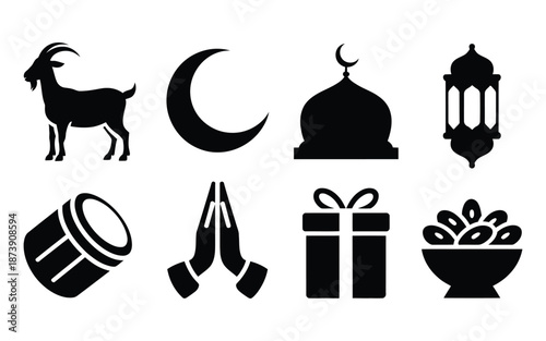 Essential Islamic Icon Set for Ramadan and Eid Al Adha Featuring Mosque Lantern Goat and Praying Hands Silhouettes