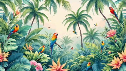 Seamless tropical jungle illustration featuring lush palm trees, exotic green plants, and colorful parrots. Botanical nature design ideal for wallpaper, fabric, interior decor, and surface patterns