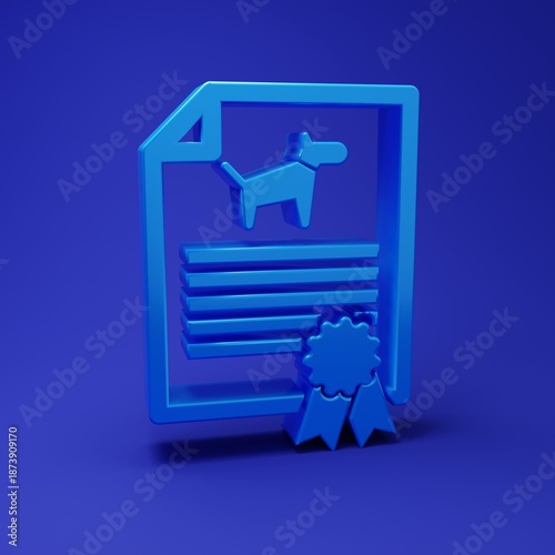 Blue Medical certificate for travel with dog or cat icon isolated on blue background. Document for pet. Dog or cat paw print. Minimalism concept. 3D render illustration