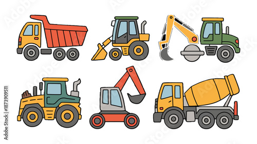 Construction Vehicles Collection: A diverse array of construction vehicles, meticulously illustrated, ready for action. Each vehicle, designed for a specific task.