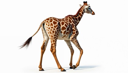 Giraffe walking on white background. Animal has unique brown spots and long neck. Isolated wildlife creature. Elegant giraffe on a plain backdrop with copy space.