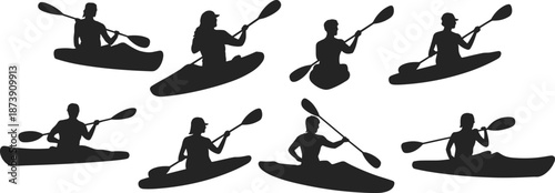 Kayaking silhouette set, canoe paddling people on water, outdoor adventure sports activity, rowing kayak action figures isolated collection