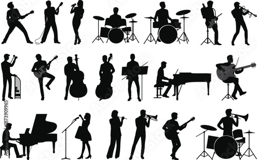 Music band silhouettes set, musicians playing instruments, jazz rock orchestra performers, live concert scene, black isolated people vector collection