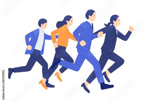 前へ進むビジネスパーソン。スピード感と団結を表す人物イラスト素材。
