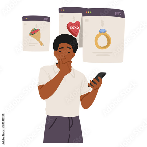 Teenage boy cartoon character choosing gifts for girlfriend preparing to propose on Valentines Day