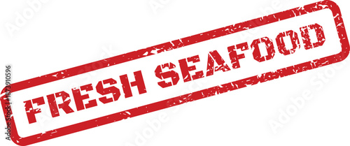 Grungy red rectangular stamp displaying FRESH SEAFOOD text for grocery stores and restaurant menus