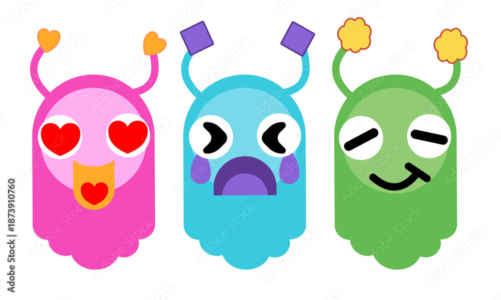 Fototapeta premium Colorful Monster Characters Set with Various Facial Expressions in Flat Cartoon Style 1