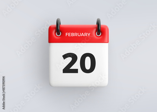 3D calendar icon with date 20 February on grey background. Vector schedule symbol.