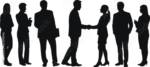 Business handshake silhouettes, professional corporate team agreement concept, successful negotiation partnership, office people standing together, teamwork trust, black figures