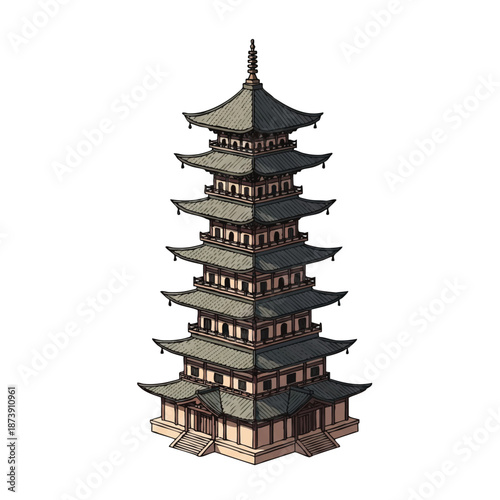 Illustration of a traditional Asian pagoda with multiple tiers and a pointed roof, set against a clean white background in a cartoon style.