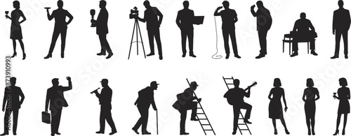Professional people silhouettes collection, business workers musicians photographers service staff poses, diverse occupations concept, black human figures, isolated on white background