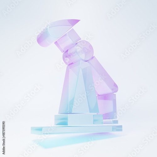 Frosted glass Oil pump or pump jack icon isolated on white background. Oil rig. Minimalism concept. 3D render illustration