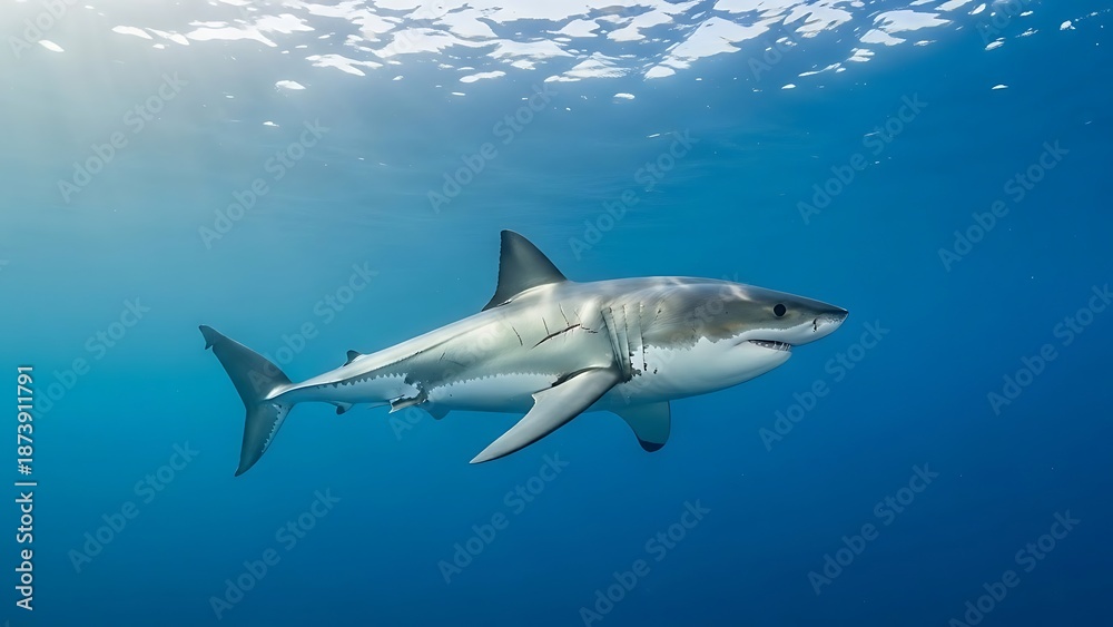 Fototapeta premium Great white shark gracefully navigating sunlit blue ocean waters, a majestic and powerful predator in its natural marine habitat