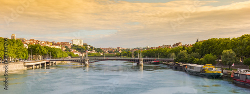 Fényképezés Panorama of evening light over the Rhone river in Lyon, France