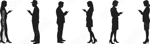 People using smartphone silhouettes set, men and women texting messaging standing poses, modern mobile communication technology concept, isolated black human outline illustration