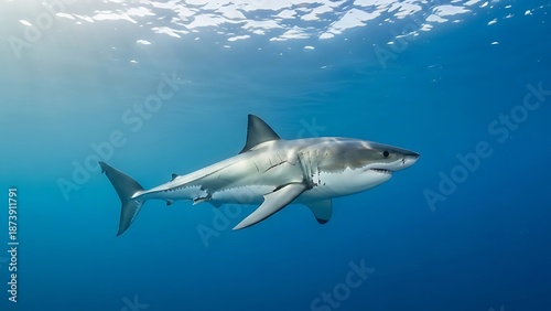 Wallpaper Mural Great white shark gracefully navigating sunlit blue ocean waters, a majestic and powerful predator in its natural marine habitat Torontodigital.ca