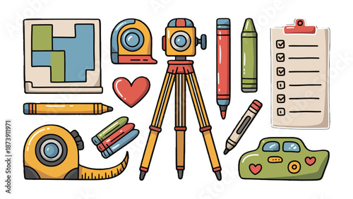 Architect's Toolkit: A collection of architectural tools, including a surveying instrument, measuring tape, and other essentials. Perfect for illustrating design and construction concepts.