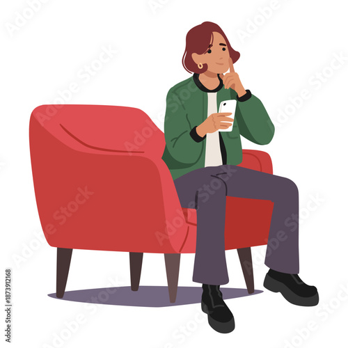 Pensive young woman cartoon character shopping online using smartphone sitting in armchair