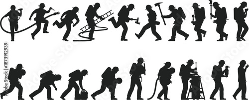 Firefighter silhouettes action set, emergency responders carrying equipment running working poses, fire rescue service collection, isolated black hero outline illustration