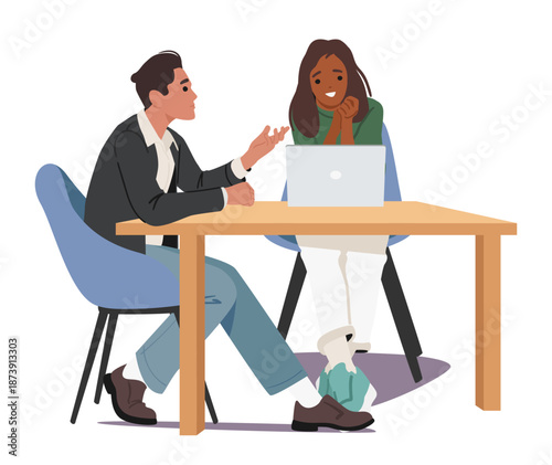 Hybrid work team cartoon scene with coworkers diverse office staff characters having online meeting