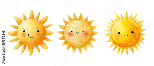 Cute watercolor sun illustrations with smiling faces. Hand-drawn summer sunshine clipart set. Yellow cartoon suns with rays for design projects and seasonal graphics. Vector illustration.