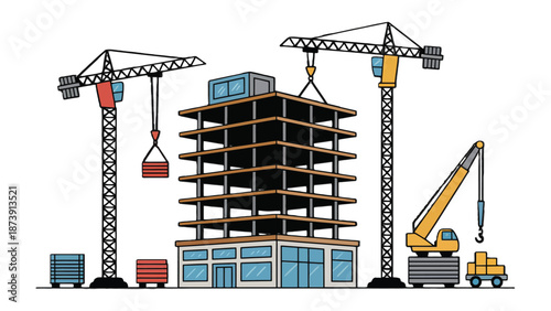 Building Construction Site: An animated representation of a construction site bustling with activity, featuring multiple cranes and a skeletal building frame.