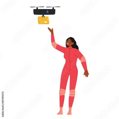 Woman futuristic smart city citizen receiving postal pack delivered by drone isolated on white