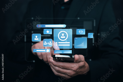Digital user profile and customer data interface displayed on a smartphone. Concept of digital identity, CRM system, user management, and modern business technology for web, app, and UI design.