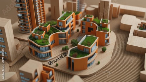 Detailed scale model of sustainable urban housing complex with rooftop gardens showcasing eco-friendly modern architecture and city planning design