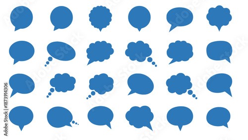 Collection of Blue Speech Bubbles in Various Shapes and Styles.
