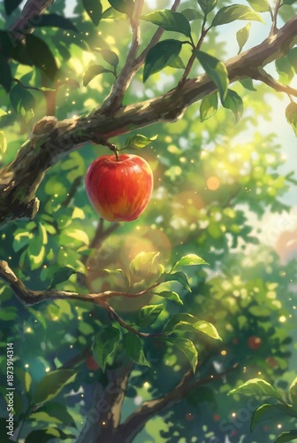 A single, radiant red apple hanging gracefully from a verdant tree branch, bathed in soft sunlight, epitomizing the purity of nature, evokes a sense of freshness and harmony. 