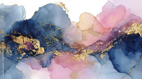 Abstract artwork featuring a blend of blue, pink, and gold hues in a fluid, organic style. The colors subtly transition, creating a dreamy, ethereal effect