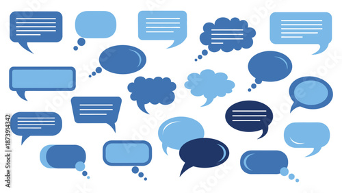 Assortment of Blue Speech Bubbles with Various Shapes and Styles.