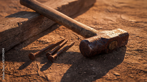 Old rusty hammer and three nails lying on dry ground next to wooden cross beam. Biblical symbol of Jesus Christ crucifixion and Passion during Holy Week. Religious concept of sacrifice.