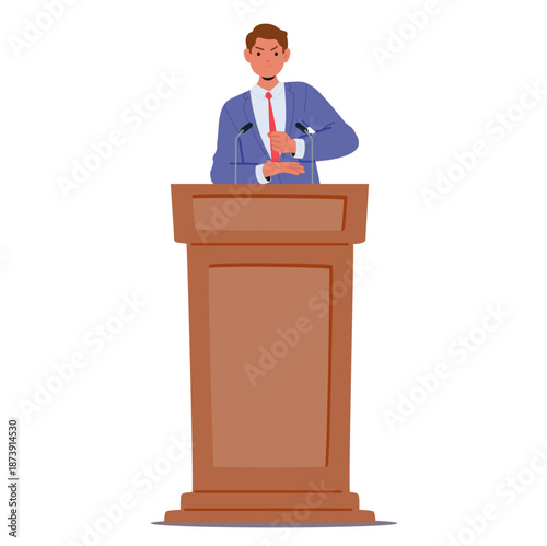 Male politician character slamming fist into palm making strong point or expressing determination