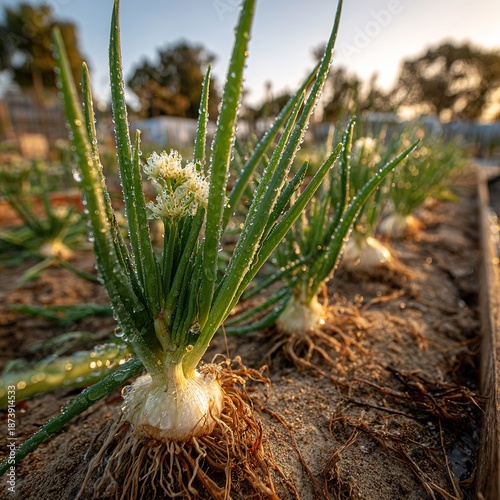 Onion plants with dewdrops under golden sunset, green leaves.