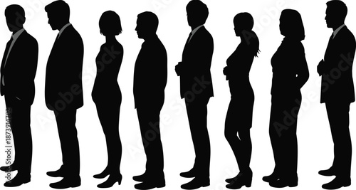 Business people silhouette standing in line, professional men and women profile view, corporate teamwork and recruitment concept isolated on white background
