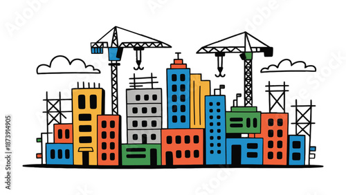 Construction Site: A vibrant cityscape in progress, featuring a cluster of colorful buildings and towering cranes, illustrating urban development and architectural progress.