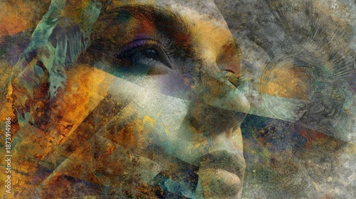 Abstract portrait in blended textures, soft lines, and layered patterns in warm & cool tones