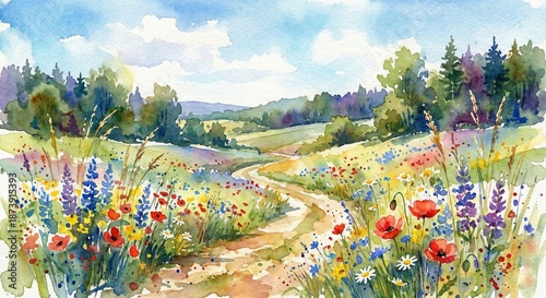 A watercolor painting depicts a winding path through a colorful wildflower meadow, under a vast sky, evoking feelings of serenity and natural beauty.